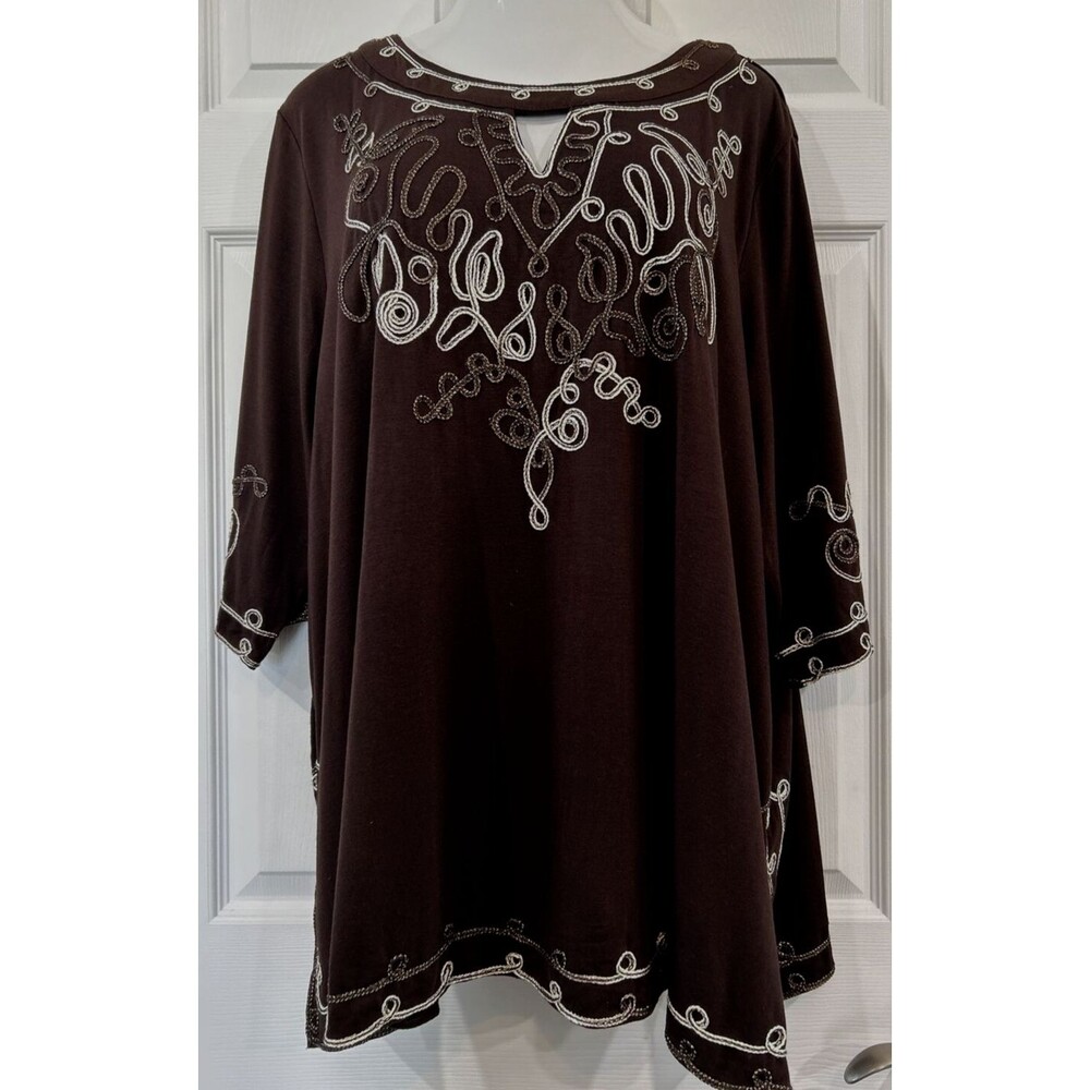 Catherines Brown Plus Size Embroider Trim Knit Tunic Top Plus Size Petite 3XWP